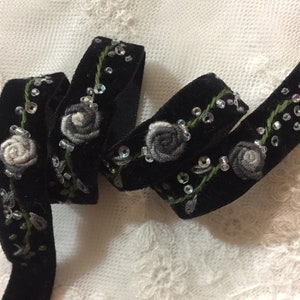 5/8" Black, Gray Hand Embroidered Rose Velvet Ribbon w/Sequins & Beads|Floral Ribbonwork Velvet Trim|Velvet Ribbon Work Flower Trim Craft