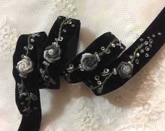 5/8&quot; Black, Gray Hand Embroidered Rose Velvet Ribbon w/Sequins & Beads|Floral Ribbonwork Velvet Trim|Velvet Ribbon Work Flower Trim Craft
