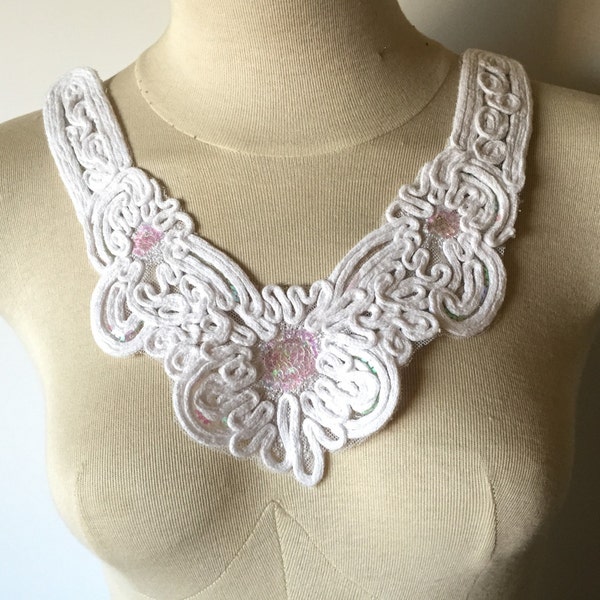 White Beaded Embroidered Neckline Applique w/Sequins for Bodice Neckline Neck Collar Yoke Patch For DIY Sewing Embroidery Supply - b4