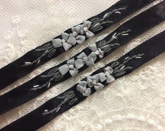 3/8" Vintage BLACK Hand Embroidered Satin Ribbon Tape, Floral Design Ribbonwork Trim, BLACK Satin Ribbon Embroidery Flower Trim DIY Craft