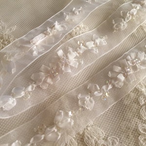 White Hand Embroidered Ribbon w/Flowers Beads on Organza RibbonFloral Ribbonwork TrimDecorative Sheer Organza Ribbon Work Flower Trim image 6