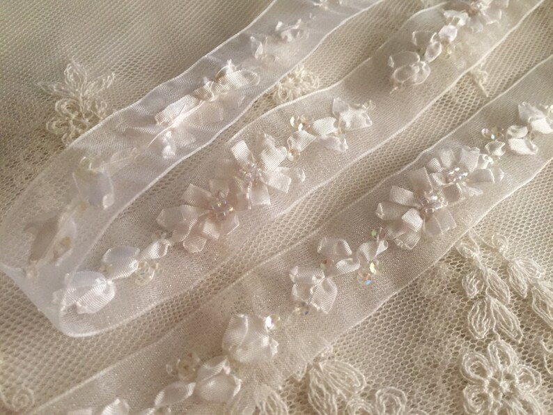 White Hand Embroidered Ribbon w/Flowers Beads on Organza RibbonFloral Ribbonwork TrimDecorative Sheer Organza Ribbon Work Flower Trim image 6