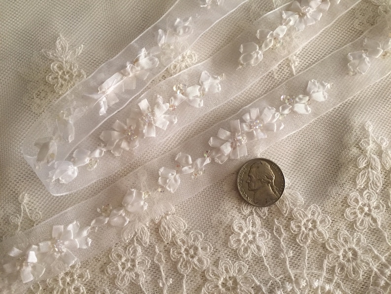 White Hand Embroidered Ribbon w/Flowers Beads on Organza RibbonFloral Ribbonwork TrimDecorative Sheer Organza Ribbon Work Flower Trim image 5