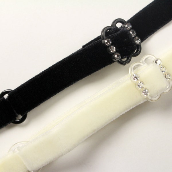3/8" Sew In Black Ivory Velvet Rhinestone Buckle Bra Straps with NO End Hooks, Stretch Elastic Bra Strap for Lingerie Decorative Bra V1012