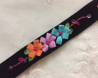 5/8" Black Hand Embroidered Velvet Ribbon w/Flowers & Sequins|Floral Ribbonwork Velvet Trim|Velvet Ribbon Work Flower Trim for DIY Craft