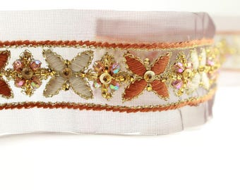 1" Width Sienna and Off-White Beaded Trim, Flower Rose Floral Beaded Trim, Beaded Sequin Trim, Embroidered Trim, Brown Orange Border Trim