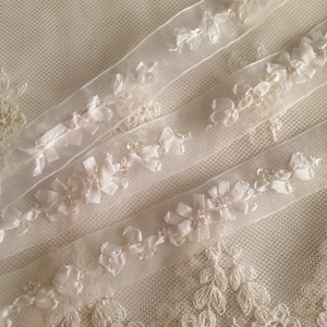 White Hand Embroidered Ribbon w/Flowers Beads on Organza RibbonFloral Ribbonwork TrimDecorative Sheer Organza Ribbon Work Flower Trim image 3