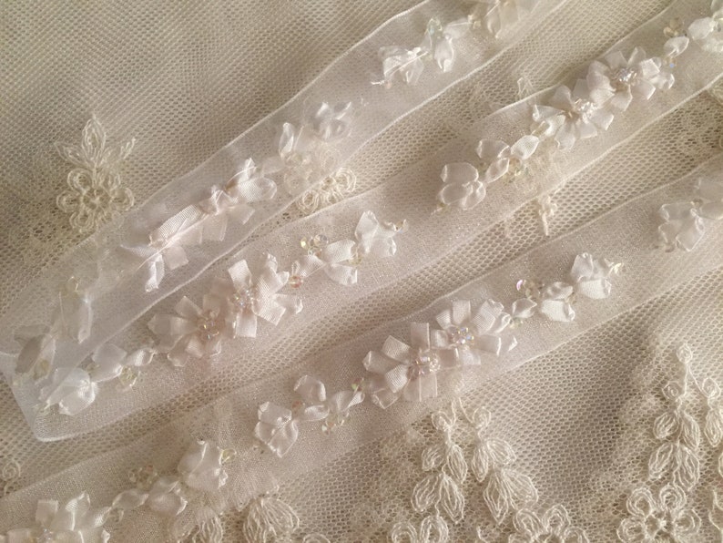 White Hand Embroidered Ribbon w/Flowers Beads on Organza RibbonFloral Ribbonwork TrimDecorative Sheer Organza Ribbon Work Flower Trim image 3