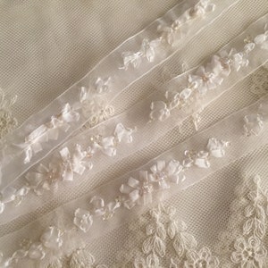 White Hand Embroidered Ribbon w/Flowers Beads on Organza RibbonFloral Ribbonwork TrimDecorative Sheer Organza Ribbon Work Flower Trim image 2