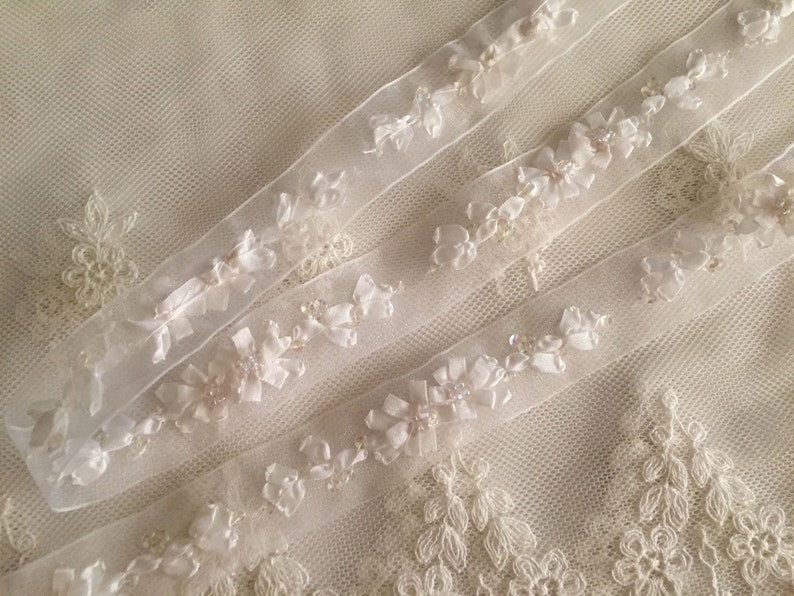 White Hand Embroidered Ribbon w/Flowers Beads on Organza RibbonFloral Ribbonwork TrimDecorative Sheer Organza Ribbon Work Flower Trim image 2
