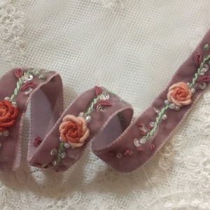5/8"W Taupe, Rust Hand Embroidered Rose Velvet Ribbon w/Sequins & Beads|Floral Ribbonwork Velvet Trim|Velvet Ribbon Work Flower Trim Craft