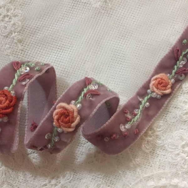 5/8"W Taupe, Rust Hand Embroidered Rose Velvet Ribbon w/Sequins & Beads|Floral Ribbonwork Velvet Trim|Velvet Ribbon Work Flower Trim Craft