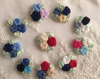 2 pièces ruban multicolore vintage brodé à la main triple rosace araignée rose fleur appliques, ruban broderie roses fournitures d'artisanat