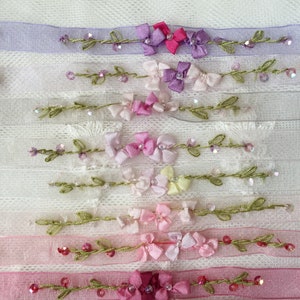 3/8 Vintage Embroidered Ribbon w/Beads & Sequins on Organza RibbonFloral Ribbonwork TrimDecorative Sheer Organza Ribbon Work Flower Trim image 4