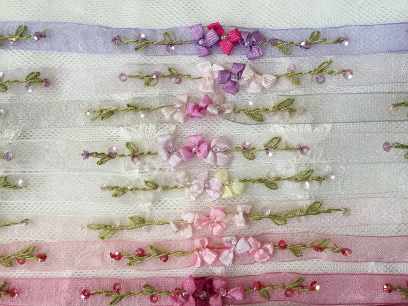 3/8 Vintage Embroidered Ribbon w/Beads & Sequins on Organza RibbonFloral Ribbonwork TrimDecorative Sheer Organza Ribbon Work Flower Trim image 4