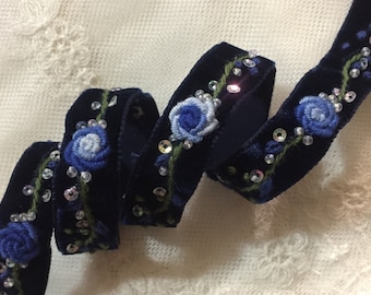 5/8" Navy Blue Hand Embroidered Rose Velvet Ribbon w/Sequins & Beads|Floral Ribbonwork Velvet Trim|Velvet Ribbon Work Flower Trim Craft