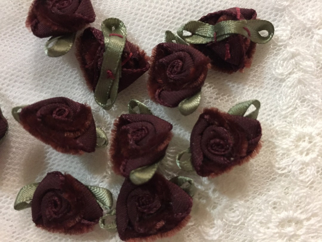 1 Brown Velvet Ribbon Roses with Leaves, Brown Velvet Rose Appliques ...