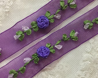 7/8" Plum, Purple Hand Embroidered Flower on Organza Ribbon|Floral Ribbonwork Trim|Decorative Sheer Organza Ribbon Work Flower Trim