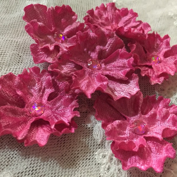 30pcs 1.75"x1.75" Hot Pink VELVET FLOWERS with center rhinestone, Velvet Petals , Craft Artificial Flowers scrapbooking, millinery supply