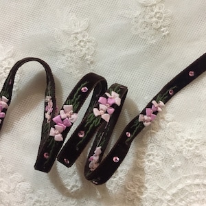 3/8&quot; Vintage CHOCOLATE BROWN Hand Embroidered Velvet Ribbon, Floral Design Ribbonwork Velvet Trim, Velvet Ribbon Embroidery Flower Trim