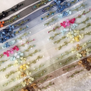 3/8&quot; Vintage Embroidered Ribbon w/Beads & Sequins on Organza Ribbon|Floral Ribbonwork Trim|Decorative Sheer Organza Ribbon Work Flower Trim