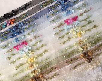 3/8&quot; Vintage Embroidered Ribbon w/Beads & Sequins on Organza Ribbon|Floral Ribbonwork Trim|Decorative Sheer Organza Ribbon Work Flower Trim