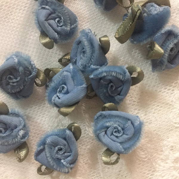 1" Teal Ribbon Roses with Leaves, Teal Velvet Rose Appliques, Rolled Rose Velvet Flower Rosettes DIY Craft Millinery Supply  F100