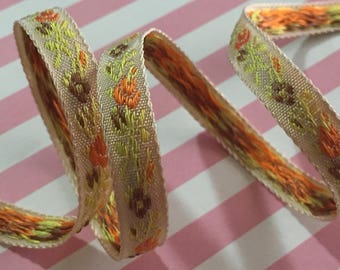 3/8"W Multi Color Ecru Beige Orange Brown Daisies Roses Jacquard trim|Floral Brocade Ribbon|Floral Jacquard Ribbon Trim Tape Woven Rayon