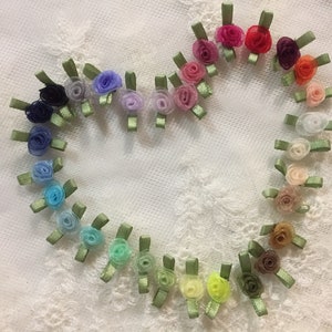 36pcs 7/8&quot; Miniature Organza Roses with Green Leaves, Mini Sheer Ribbon Roses, Ribbon Rosettes, Fabric Flowers Craft Millinery Supply F100