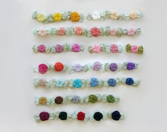 1-1/8" Vintage Ribbon Roses Rosettes with Leaves, Floral Ribbonwork Ribbon Work Spider Rose Applique, Craft Flower for DIY Sewing Supply