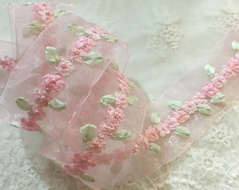 1.5" Vintage Light Pink Cameo Hand Embroidered Flower Organza Ribbon|Floral Ribbonwork Trim|Decorative Sheer Organza Ribbon Work Flower Trim