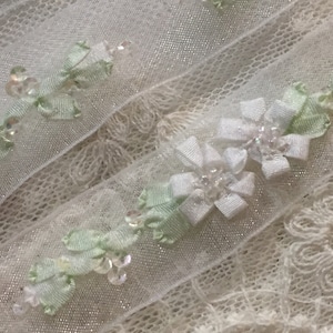 White Green Hand Embroidered Ribbon Flowers Beads on Organza Ribbon|Floral Ribbonwork Trim|Decorative Sheer Organza Ribbon Work Flower Trim
