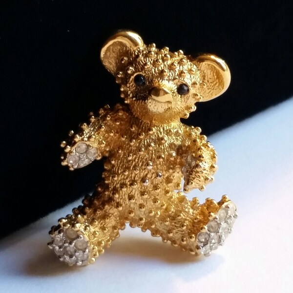 Vintage D'Orlan 1980's pave rhinestone Teddy Bear brooch.