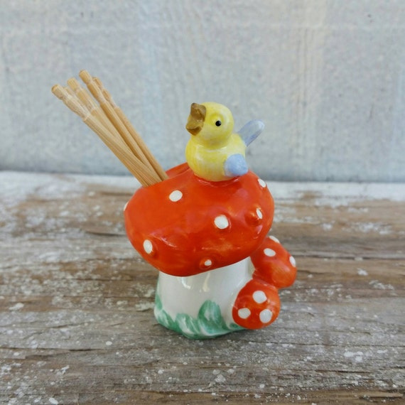 vintage goebel mushroom with bird toothpick holder vintage | etsy