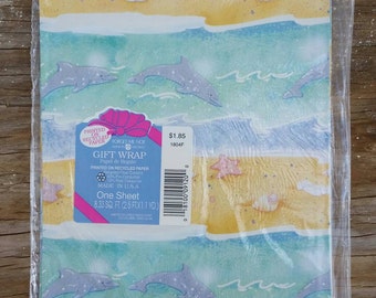 Vintage Dolphin gift wrap Forget Me Not,unopened sealed package,Made in USA,Seashells,Ocean wrapping paper,Craft paper,Scrapbook paper