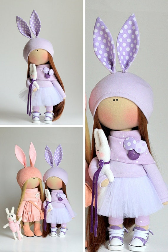 Dark doll Fabric doll Baby room d\u00e9cor Girls birthday gift Rabbit plush Rabbit doll Unique doll Textile art doll Handmade bunny