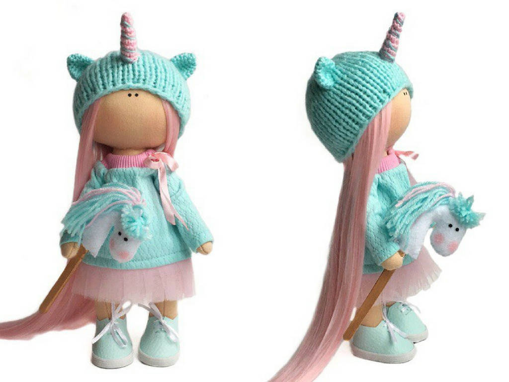 Unicorn Art Doll Cloth Rag Doll Soft Green Doll Textile Gift Etsy