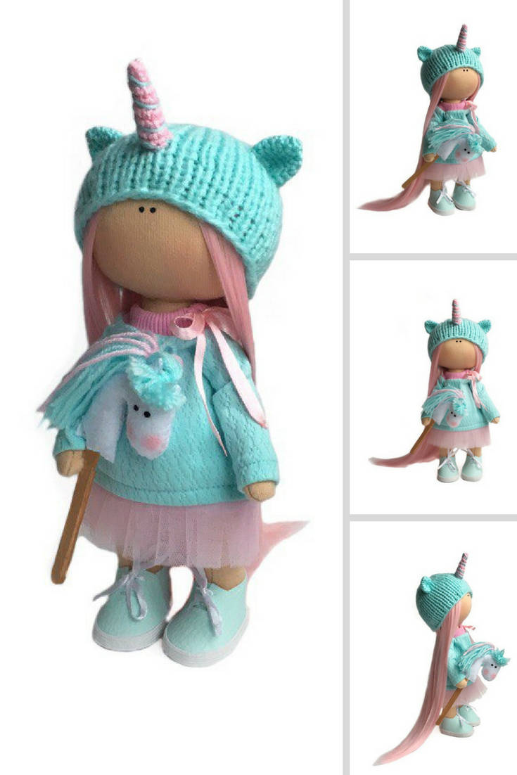 Unicorn Art Doll Cloth Rag Doll Soft Green Doll Textile Gift Etsy