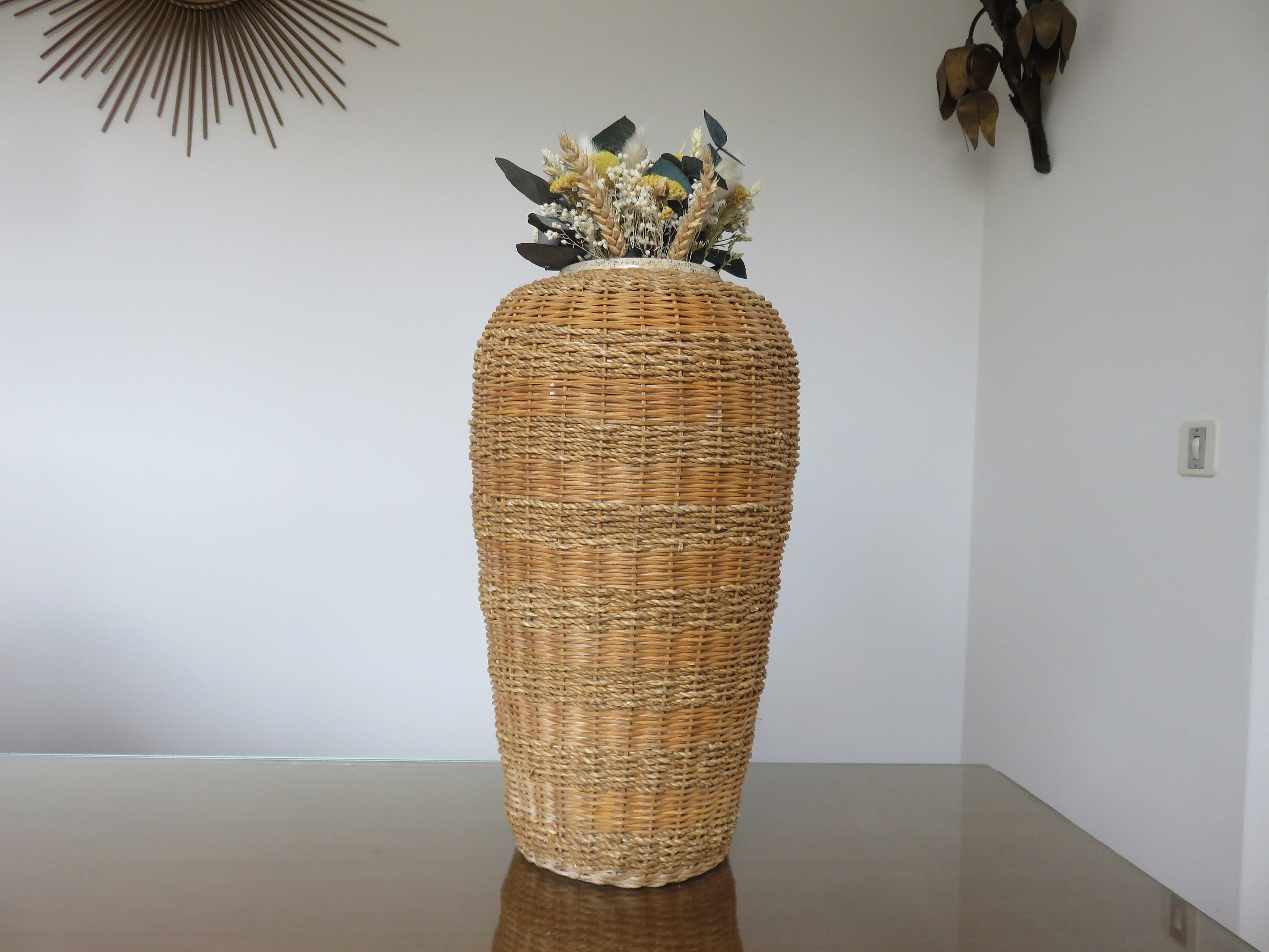 Très grand vase en rotin corde tressée et céramique 1980 - Etsy
