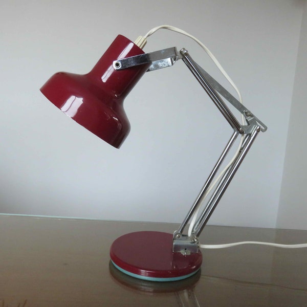 Lampe articulée, en métal chromé et métal laqué couleur bordeaux, mid century 1960 1970 60's 70's old vintage French lamp