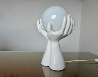 Large "hands" lamp in white ceramic and white opaline ball, mid century 1970 70's vintage old French white ceramic lamp