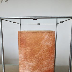 May include: A rectangular, brown, textured object is encased within a silver metal frame. The object has a light brown, fur-like appearance. The frame is a simple, geometric design, with vertical and horizontal bars.