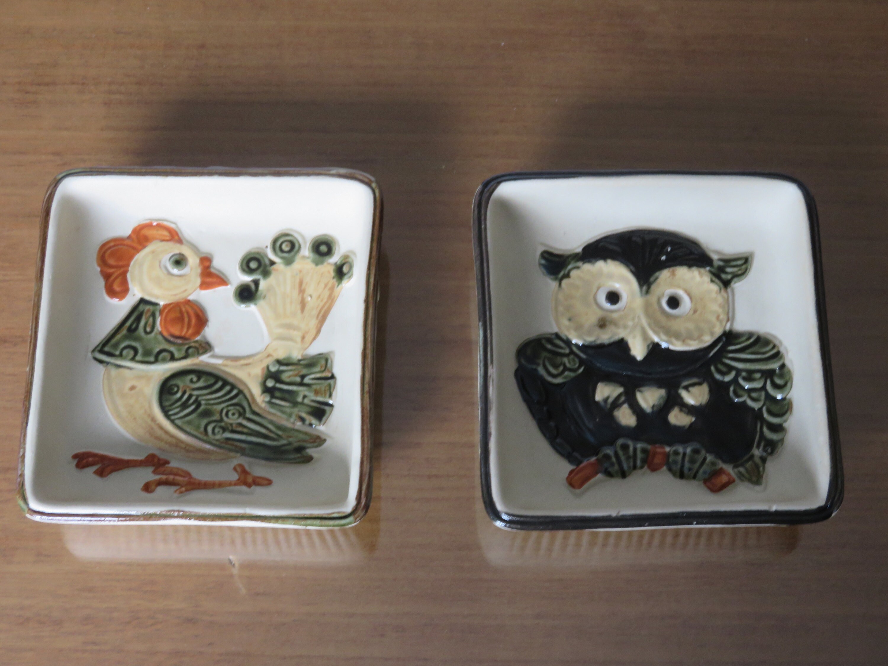 2 Coupelles, Vide Poche, Céramique Coq et Hibou Mid Century 1960 1970 60's 70's French Vintage Ceram