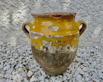 rare antique pot à confit , terre cuite vernissée jaune, du Sud Ouest de la France, du 19ème siècle, old vintage yellow terracotta pot