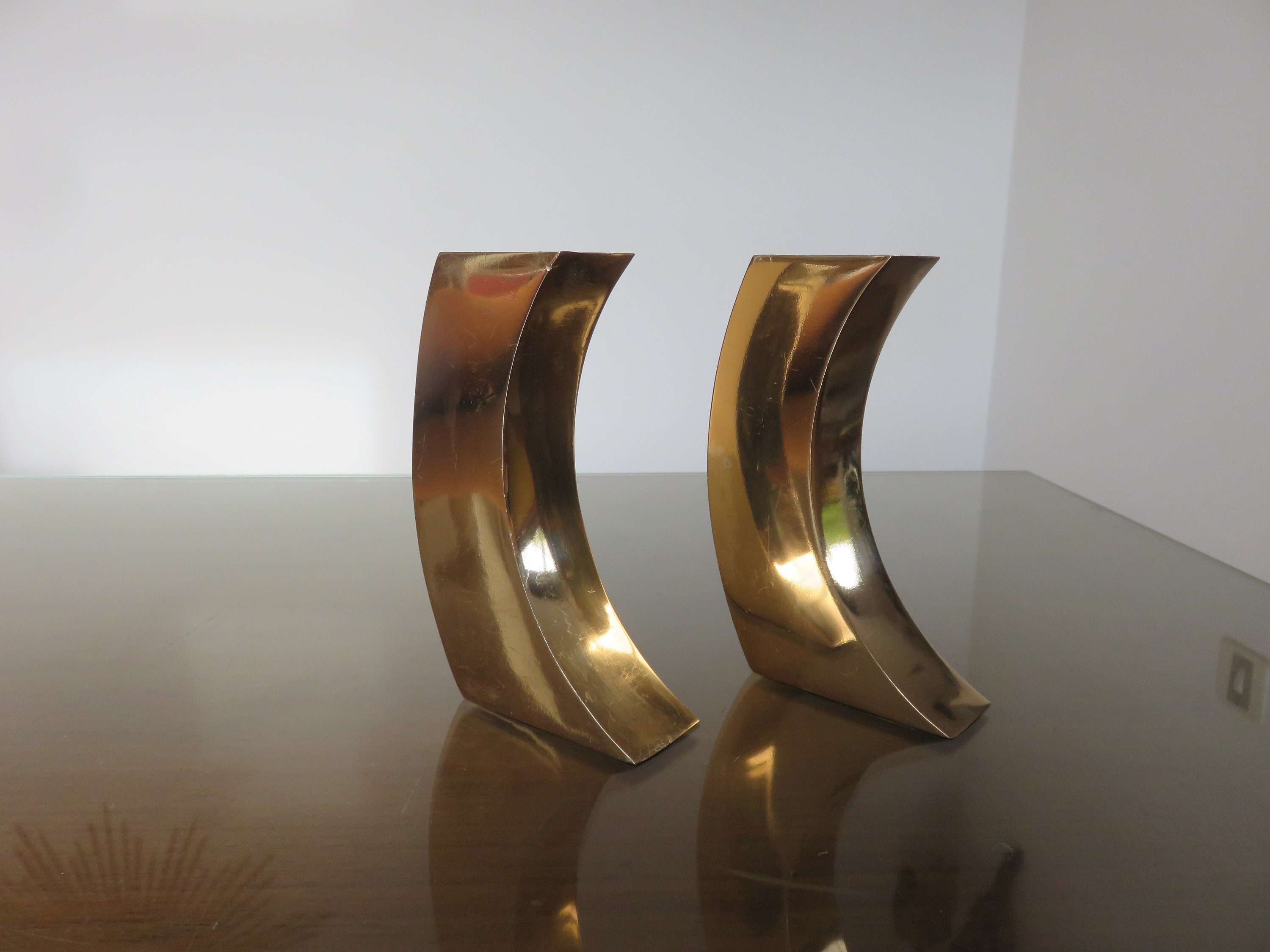 Paire de Bougeoirs Modernistes, en Laiton Doré 1970 70's Vintage Brass Candle Holder