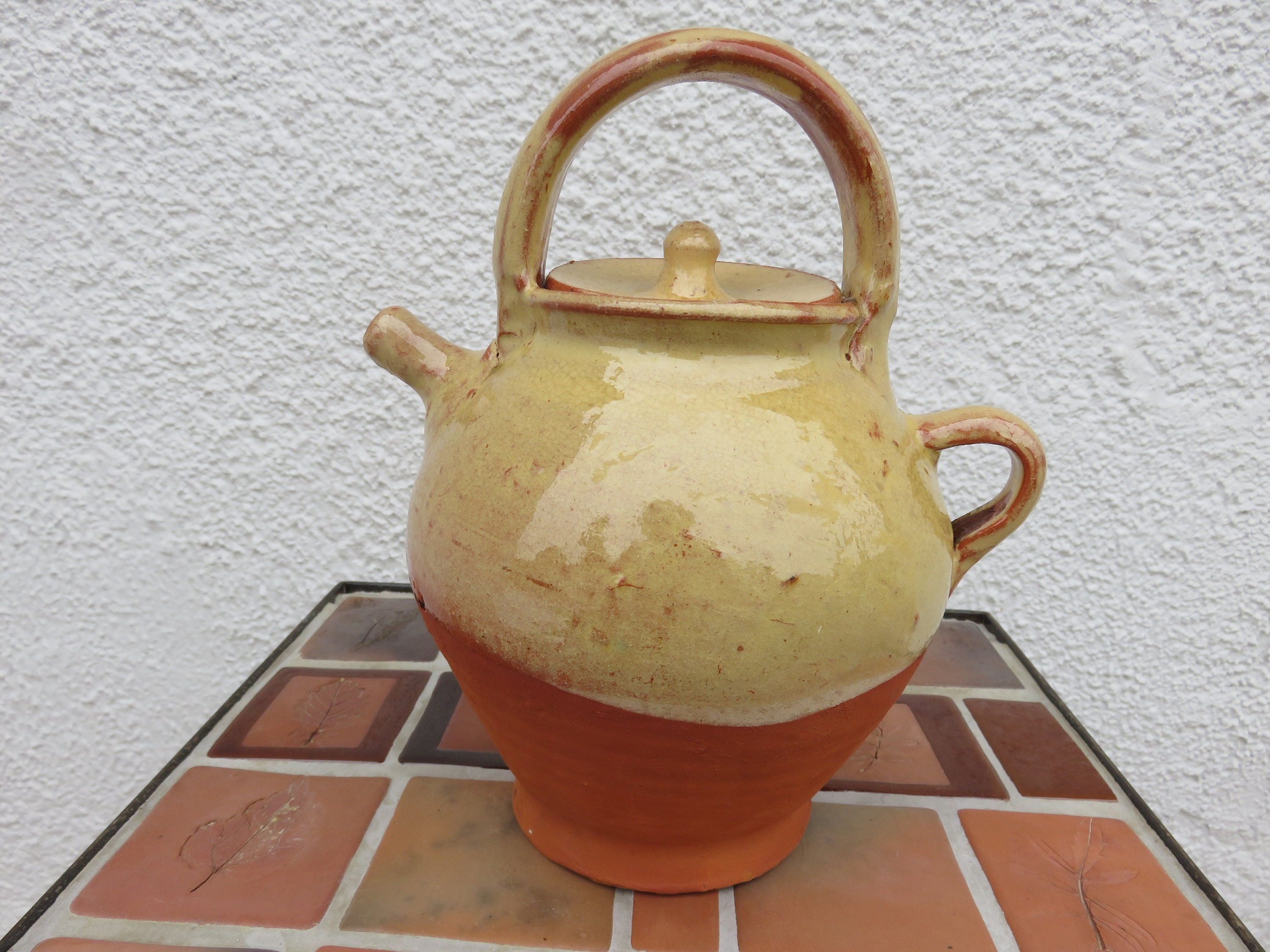 Antique Pichet, Cruche, Gargoulette en Terracotta Vernissée Jaune, Du Sud de La France, Début 20 Ème