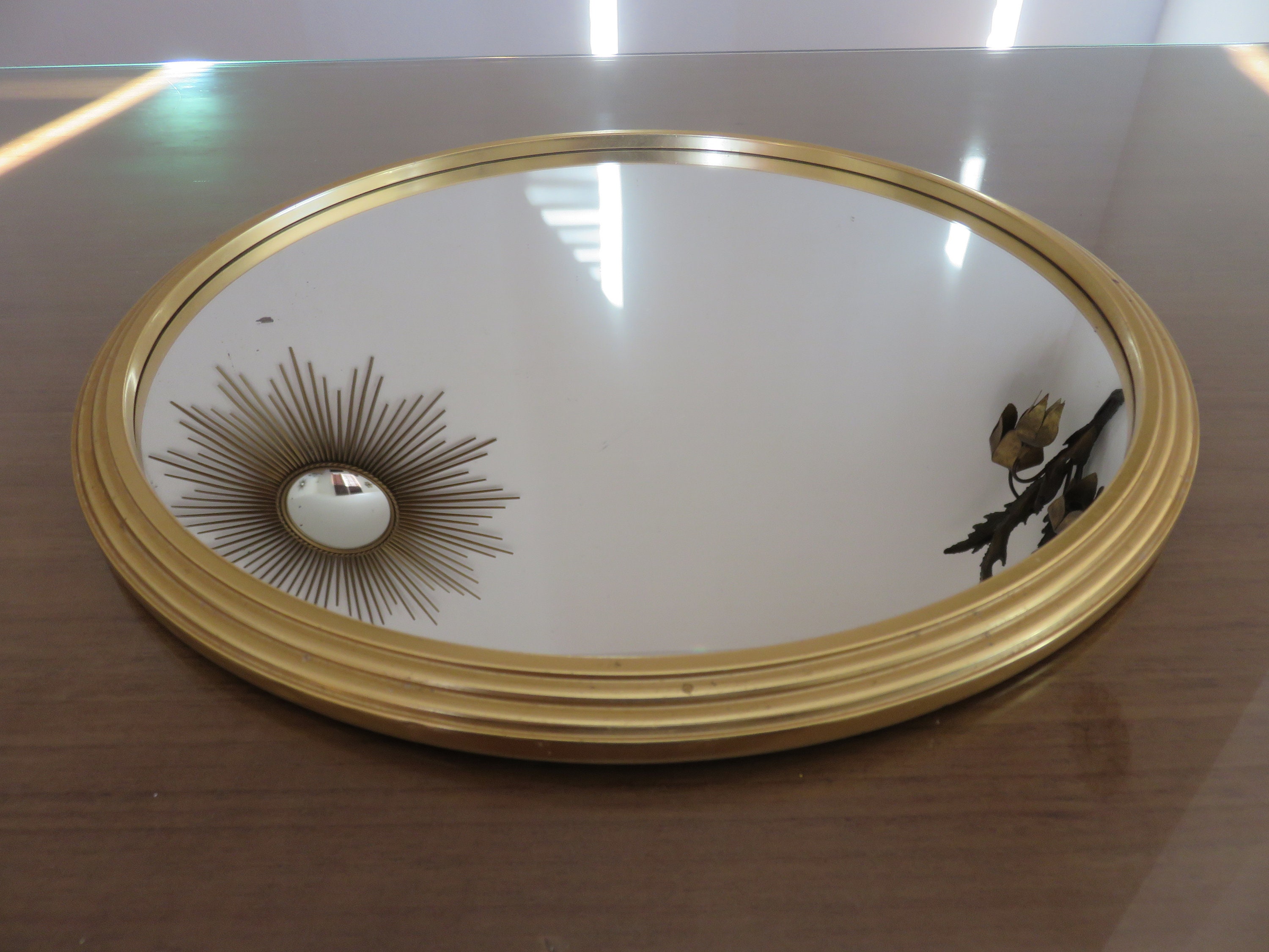 Grand Plateau Miroir Rond, en Aluminium Doré, Art Deco Mid Century 1940 1950 40's 50's Old French Vi