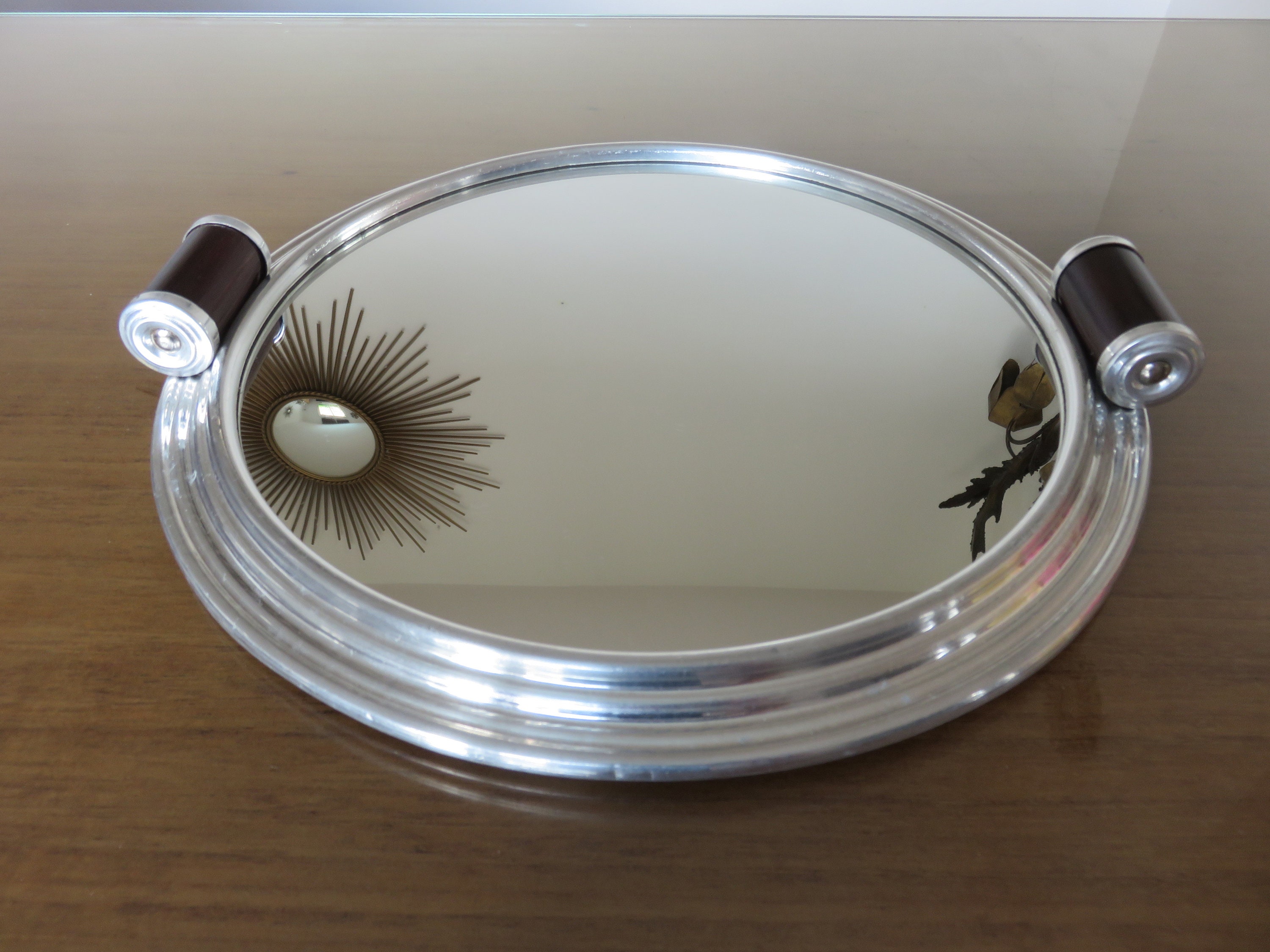 Plateau Miroir, Rond, en Aluminium, Poignées Bois, Art Deco Mid Century 1940 1950 40's 50's Old Fren