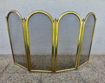 Fireplace fire screen, spark guard, brass, 4 panels, folding, mid-century 1950s vintage French brass fireguard
