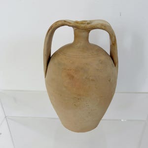 Può includere: Un'anfora in terracotta con due manici, un corpo rotondo e un collo stretto. L'anfora è un tradizionale vaso di terracotta utilizzato per conservare i liquidi.